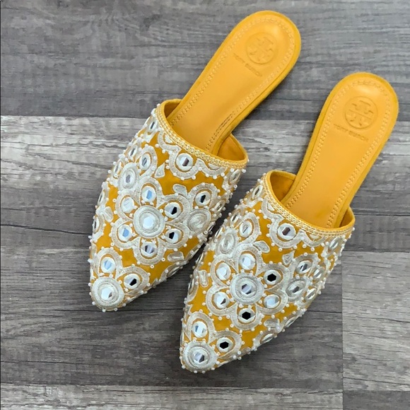 Tory Burch Yellow Embroidered Elora Slide - Picture 3 of 8
